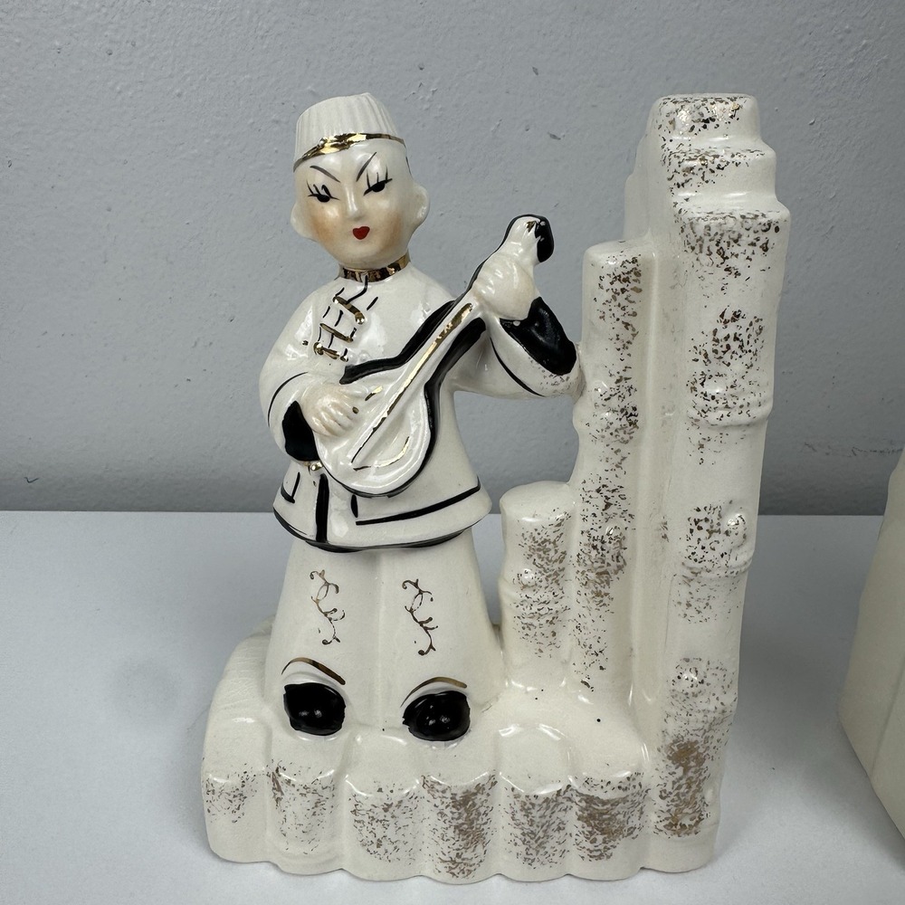 Vtg Asian Figurine Bookends Ceramic Chalkware MCM Japan Geisha Pair - Picture 3 of 16